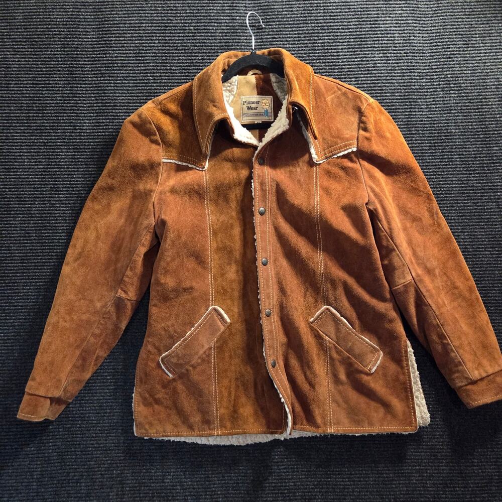 Vintage Pioneer Wear Suede Leather Rancher Jacket Men’s 42 Sherpa Lined Trim USA